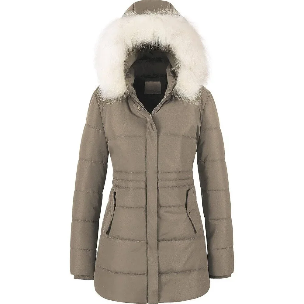 Women's Khaki Winter Warm Long Drawstring Waterproof Snow Puffer Jacket